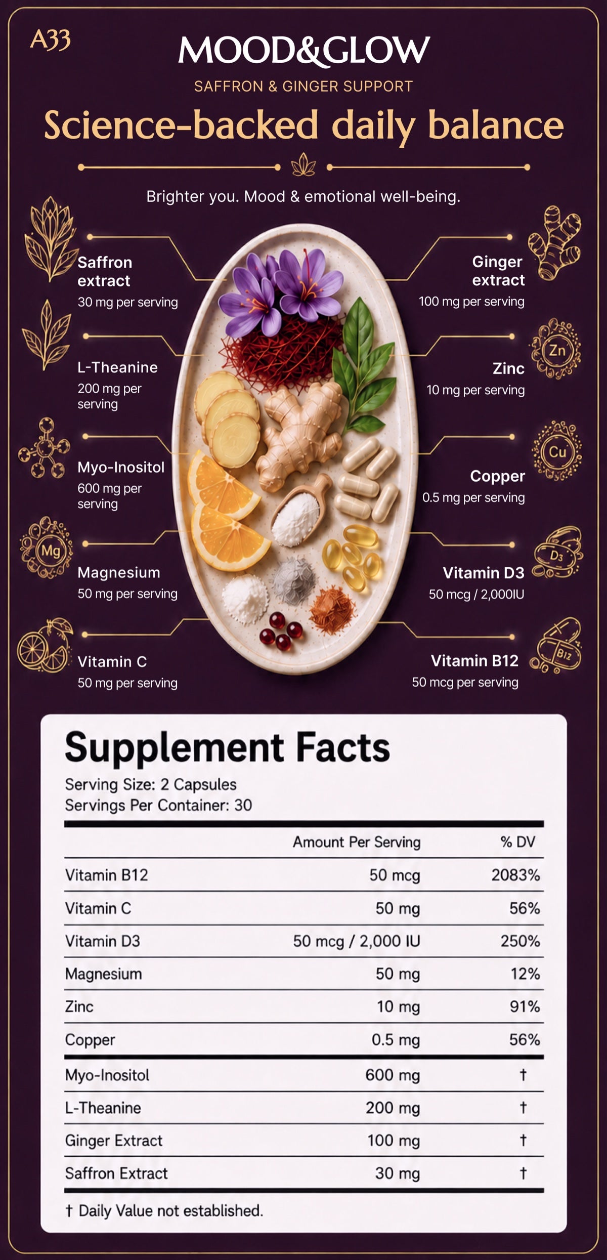 The full A33 Mood & Glow label, with the Supplement Facts panel listing all ten ingredients and their doses