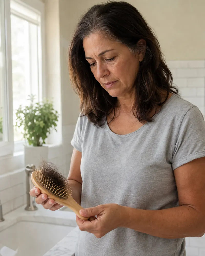 A woman at a bathroom sink looking down at a hairbrush with shed hair in it