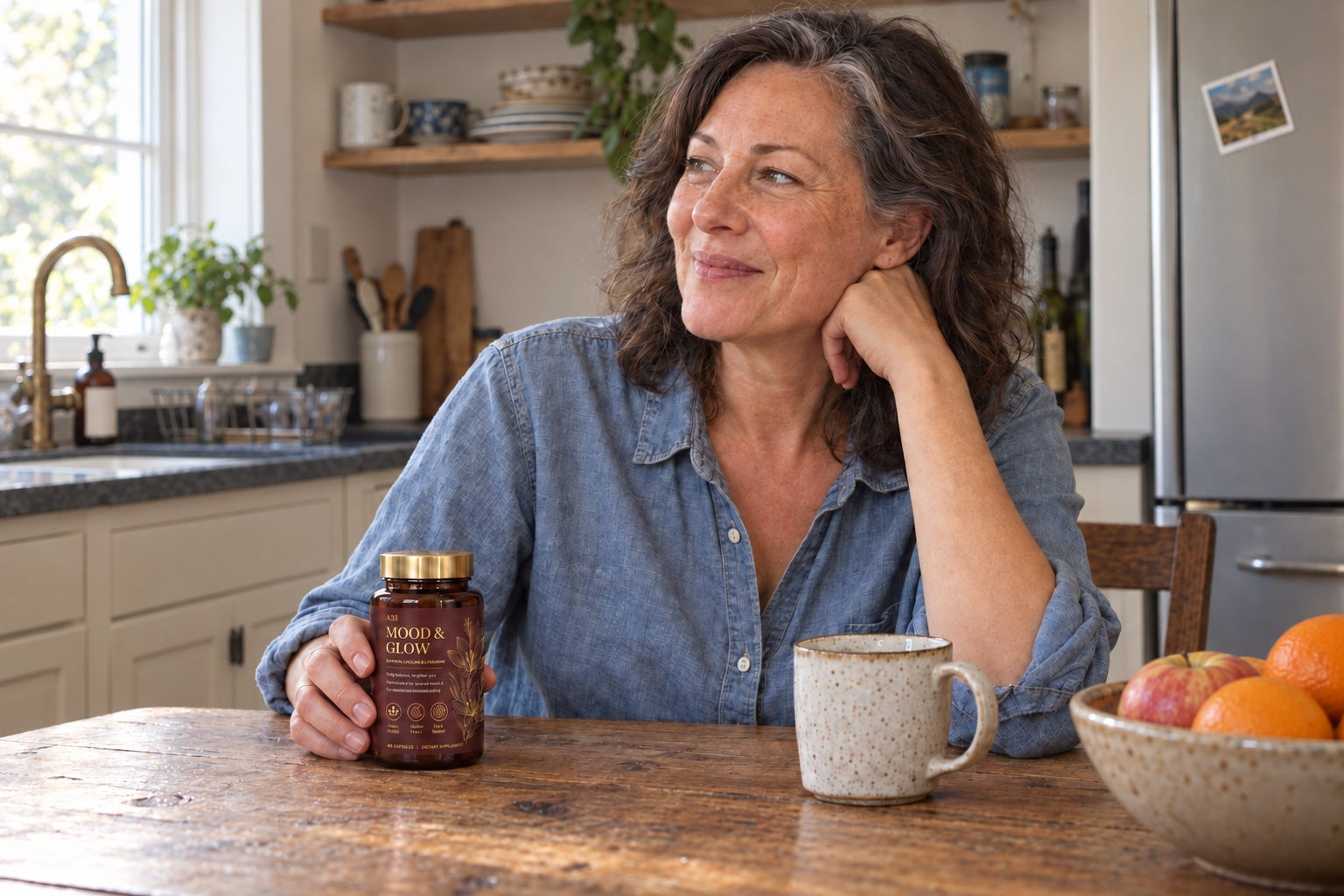 A woman at her kitchen table with a jar of A33 Mood & Glow