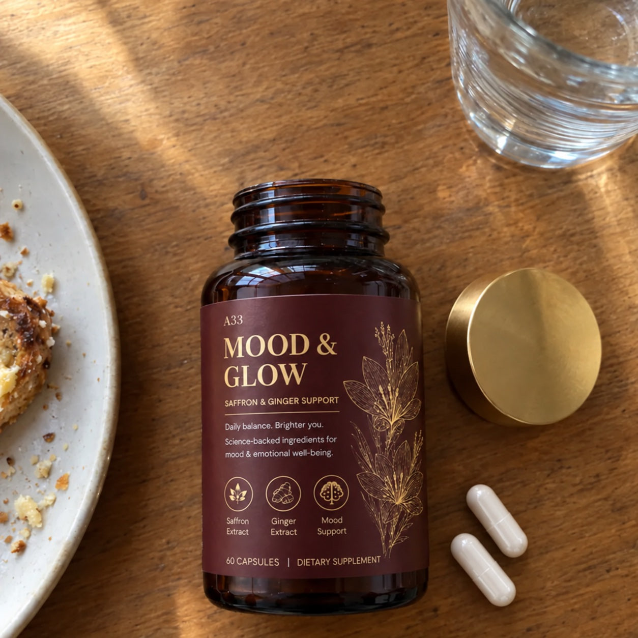 A jar of A33 Mood & Glow open on a table beside two capsules and a glass of water