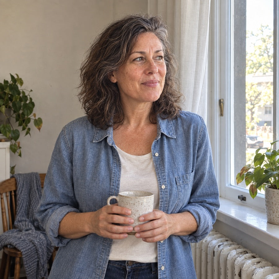 A woman standing at a sunlit window in the morning with a mug in both hands
