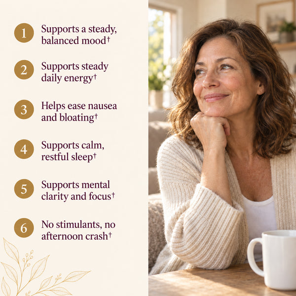 Six reasons to take it: supports a steady, balanced mood; steady daily energy; helps ease nausea and bloating; calm, restful sleep; mental clarity and focus; and no stimulants, no afternoon crash
