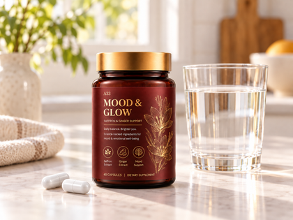 A jar of A33 Mood & Glow, two white capsules and a glass of water on a bright counter