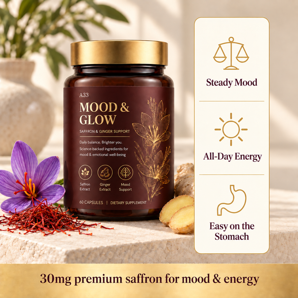 A jar of A33 Mood & Glow — saffron and ginger support, 60 capsules — with saffron flowers, saffron threads and fresh ginger, beside one panel of three claims: steady mood, all-day energy, easy on the stomach, and the line 30mg premium saffron for mood and energy