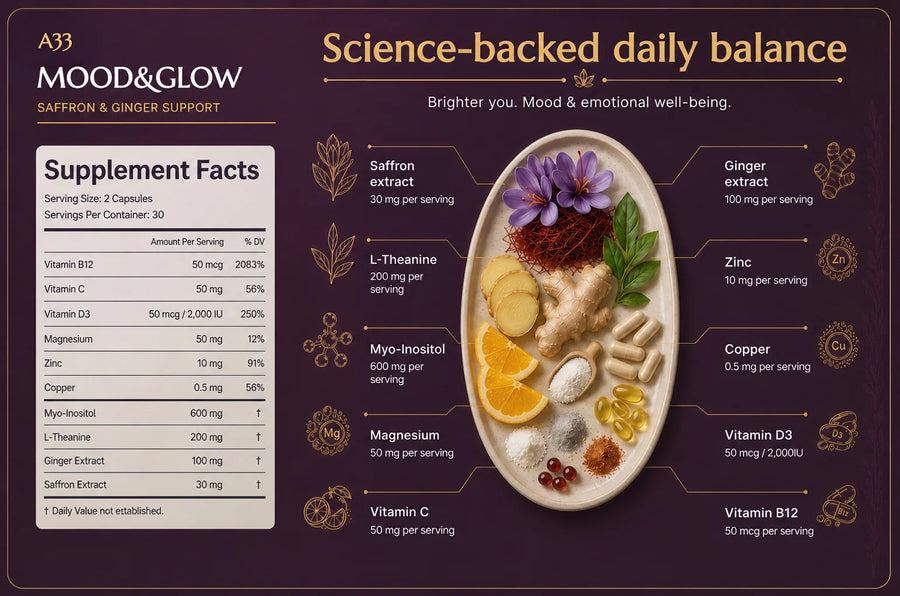 A33 Mood & Glow supplement facts and ingredients