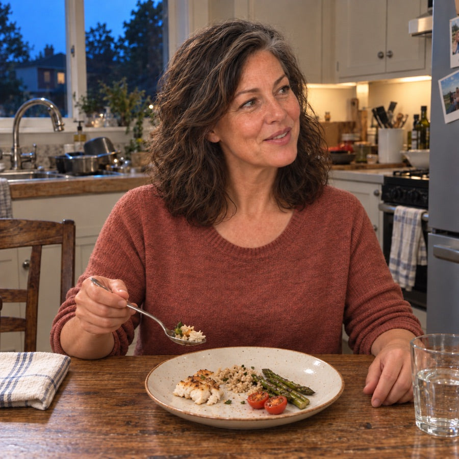 A woman eating dinner at her kitchen table in the evening, mid-forkful and at ease