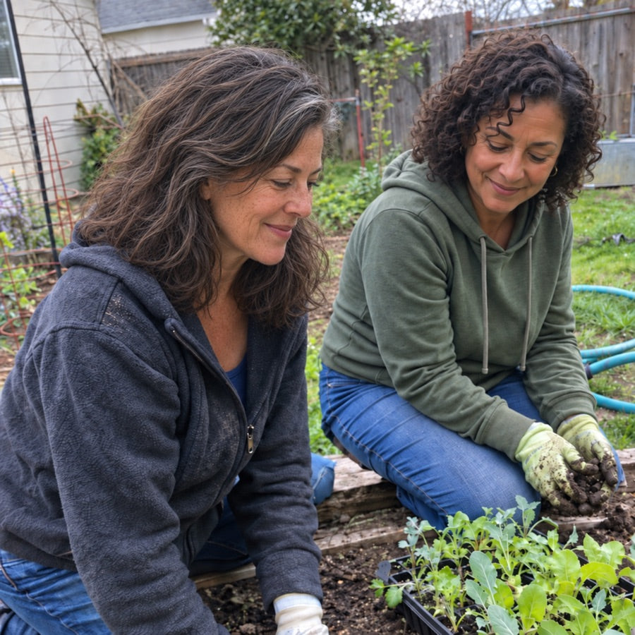 Two women planting seedlings together in a backyard garden