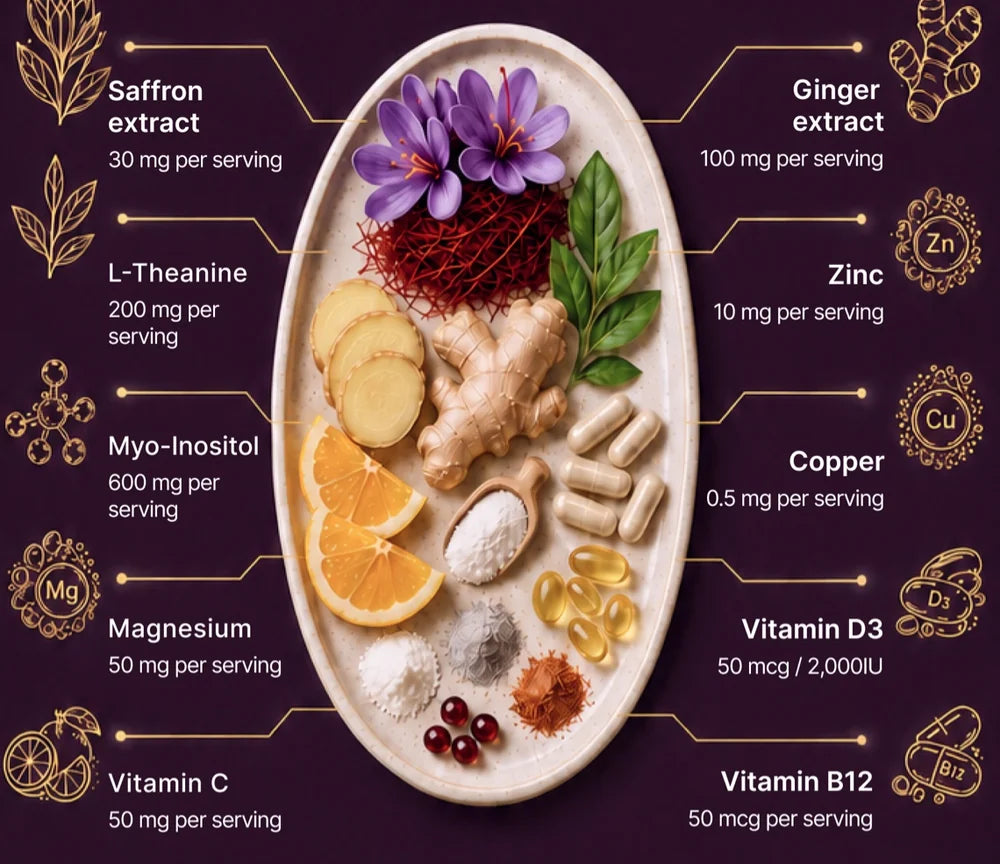 The A33 Mood & Glow ingredient panel: saffron 30mg, L-theanine 200mg, myo-inositol 600mg, magnesium 50mg, vitamin C 50mg, ginger 100mg, zinc 10mg, copper 0.5mg, vitamin D3 2,000 IU, vitamin B12 50mcg