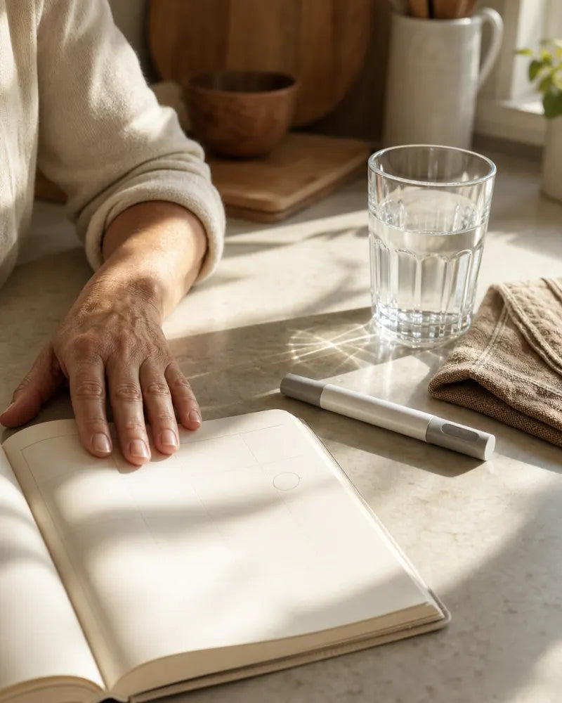 A kitchen counter in morning light with a weekly planner, a glass of water and a pen