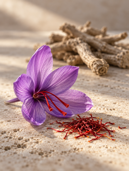 A purple saffron crocus in bloom, lit and in focus, with dried ashwagandha roots behind it in shadow