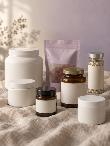 A cluster of mismatched supplement tubs, jars and a gummy pouch, each bought for a different symptom