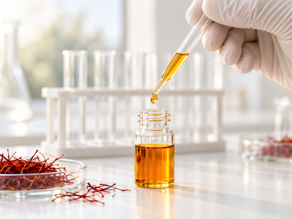 A gloved hand with a pipette above a vial of saffron extract on a laboratory bench