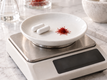 Two white capsules and a few saffron threads in a dish on a precision scale