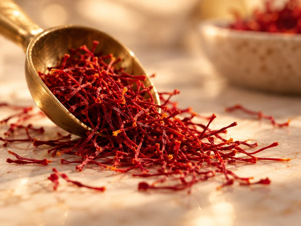 Saffron threads spilling from a brass spoon