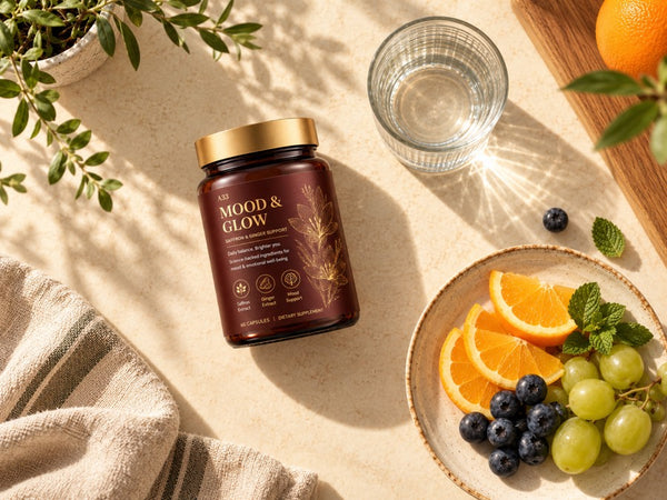 An A33 jar beside water and fresh fruit