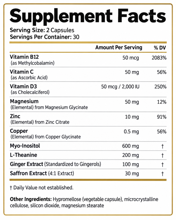 Supplement Facts: serving size two capsules, 30 servings per container. Vitamin B12 50mcg, vitamin C 50mg, vitamin D3 2,000 IU, magnesium 50mg, zinc 10mg, copper 0.5mg, myo-inositol 600mg, L-theanine 200mg, ginger extract 100mg, saffron extract 30mg