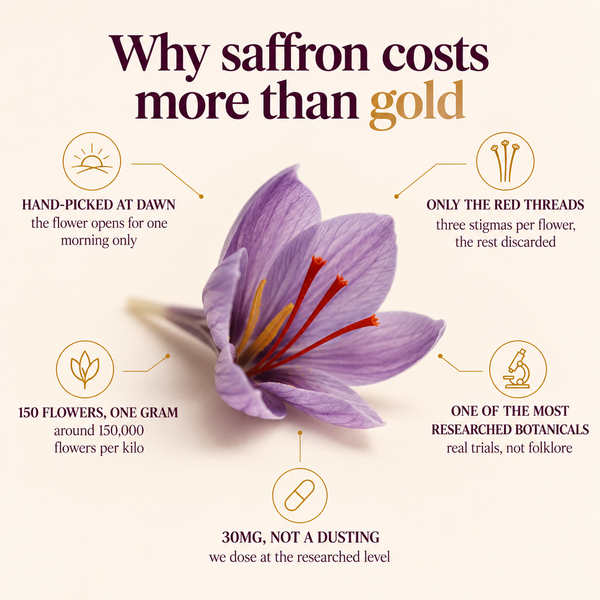 Why saffron costs more than gold: hand-picked at dawn when the flower opens for one morning only, only the three red stigmas per flower are kept, around 150,000 flowers make a kilo, it is one of the most researched botanicals, and A33 doses it at 30mg rather than a dusting
