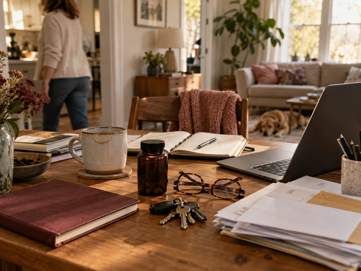 A kitchen table with a bottle of capsules, a coffee mug, glasses, keys, a laptop and a stack of mail, a woman walking through the room behind it