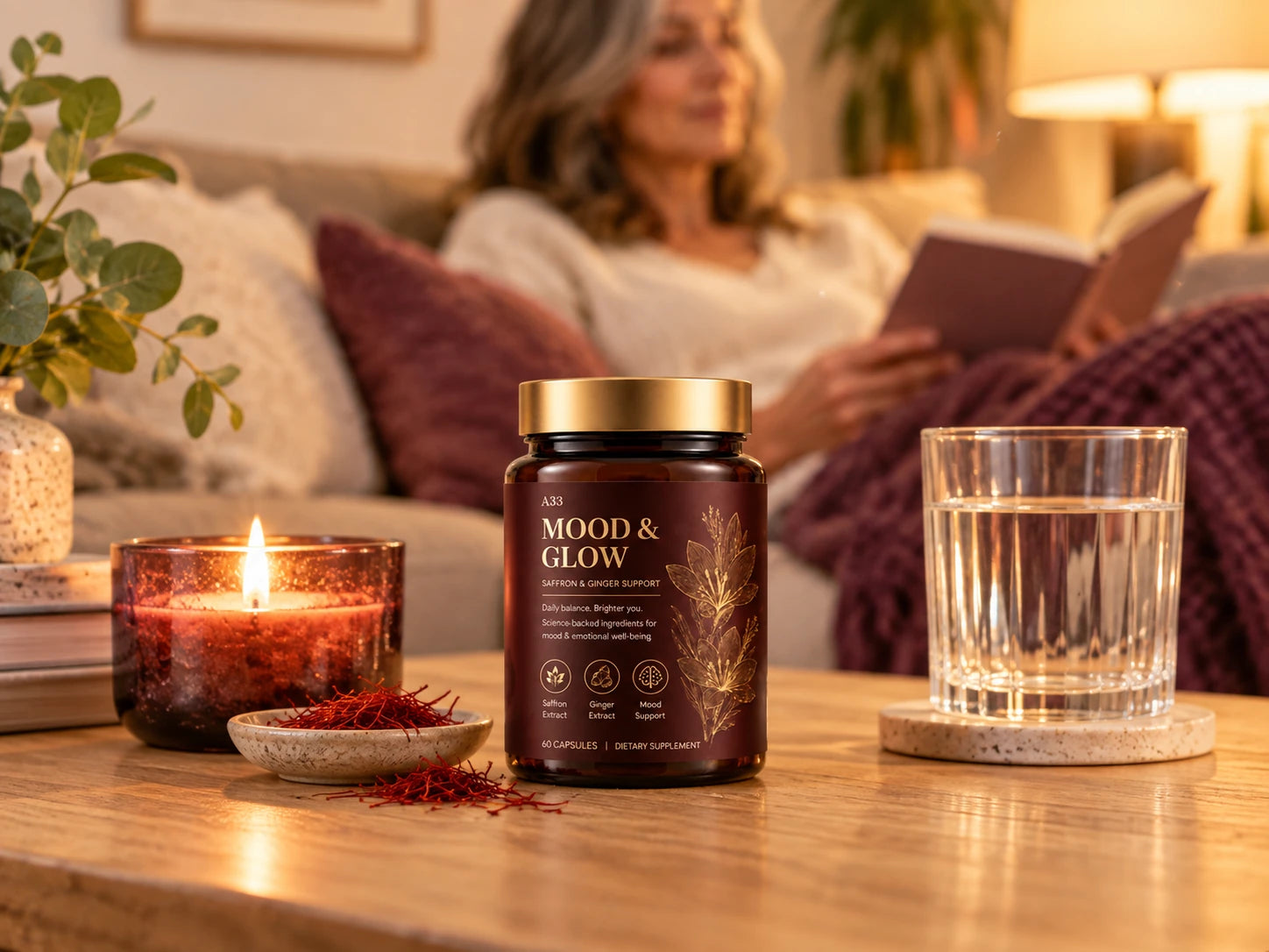 A jar of A33 Mood & Glow on a coffee table beside a candle, saffron threads and a glass of water, a woman reading on the sofa behind it