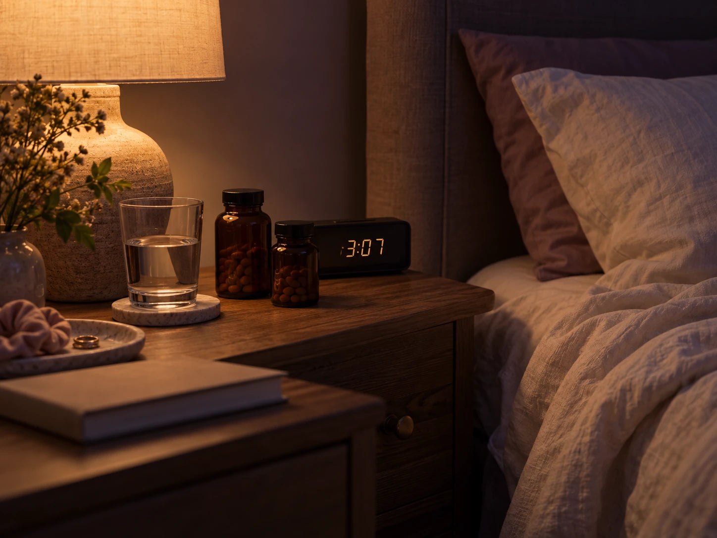 A lamplit nightstand with two bottles of capsules, a glass of water and a clock reading 3:07, beside an unmade bed