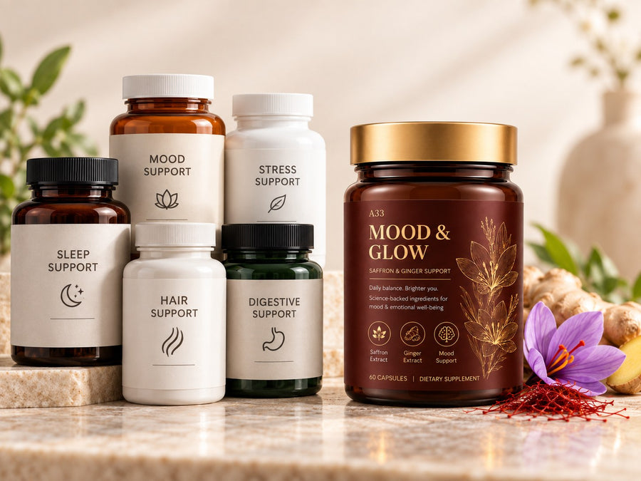 Five single-purpose supplement bottles - sleep, mood, hair, stress and digestive support - beside one jar of A33 Mood & Glow with saffron threads